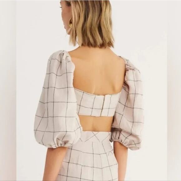 NWT Rumer Quinn Plaid 3/4 Puff Sleeves Linen Crop Top Back Clasp Closure M Ivory - Picture 5 of 15